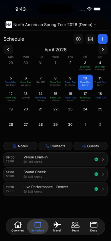 TourPro mobile schedule
