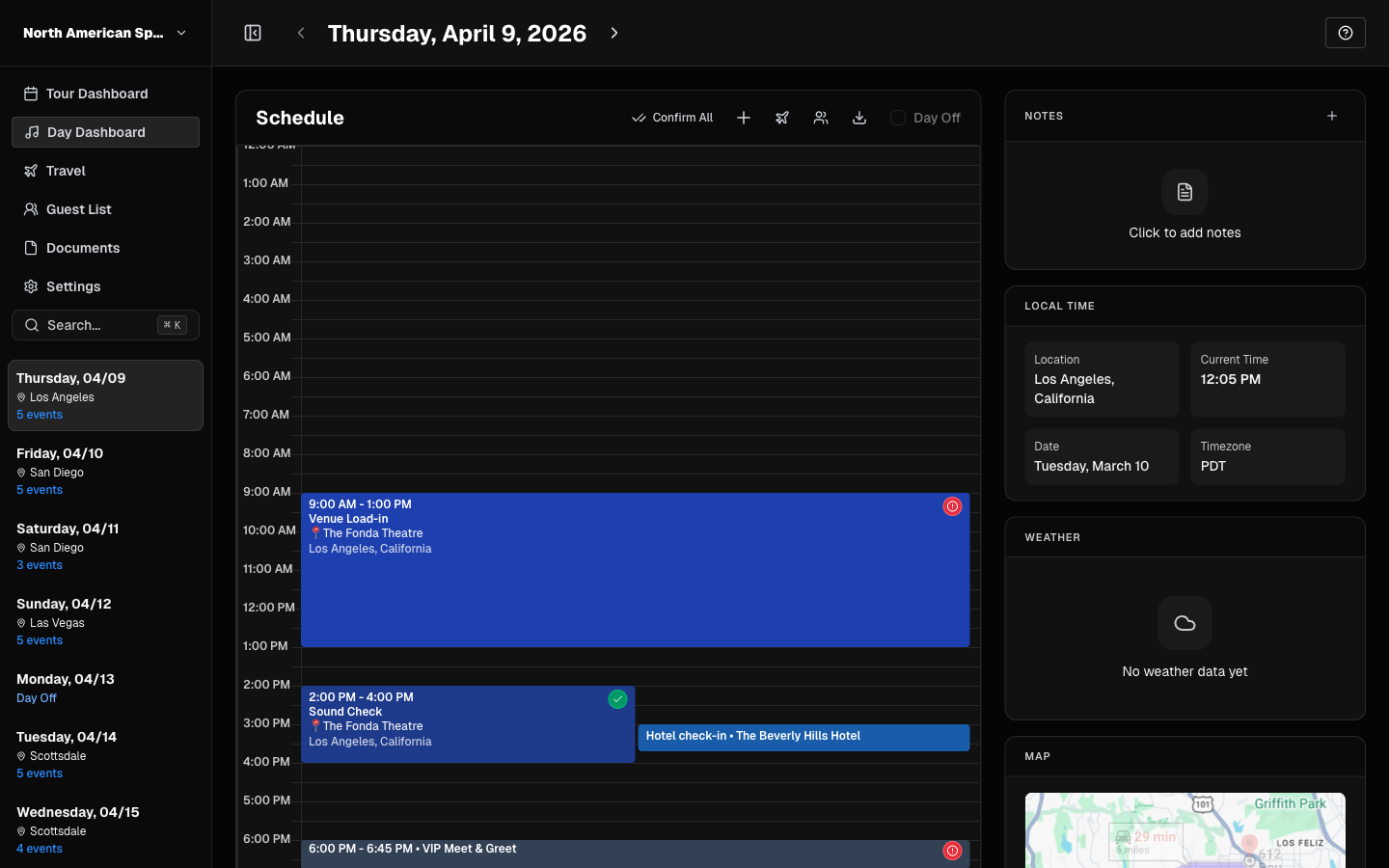 Editing a show day in TourPro