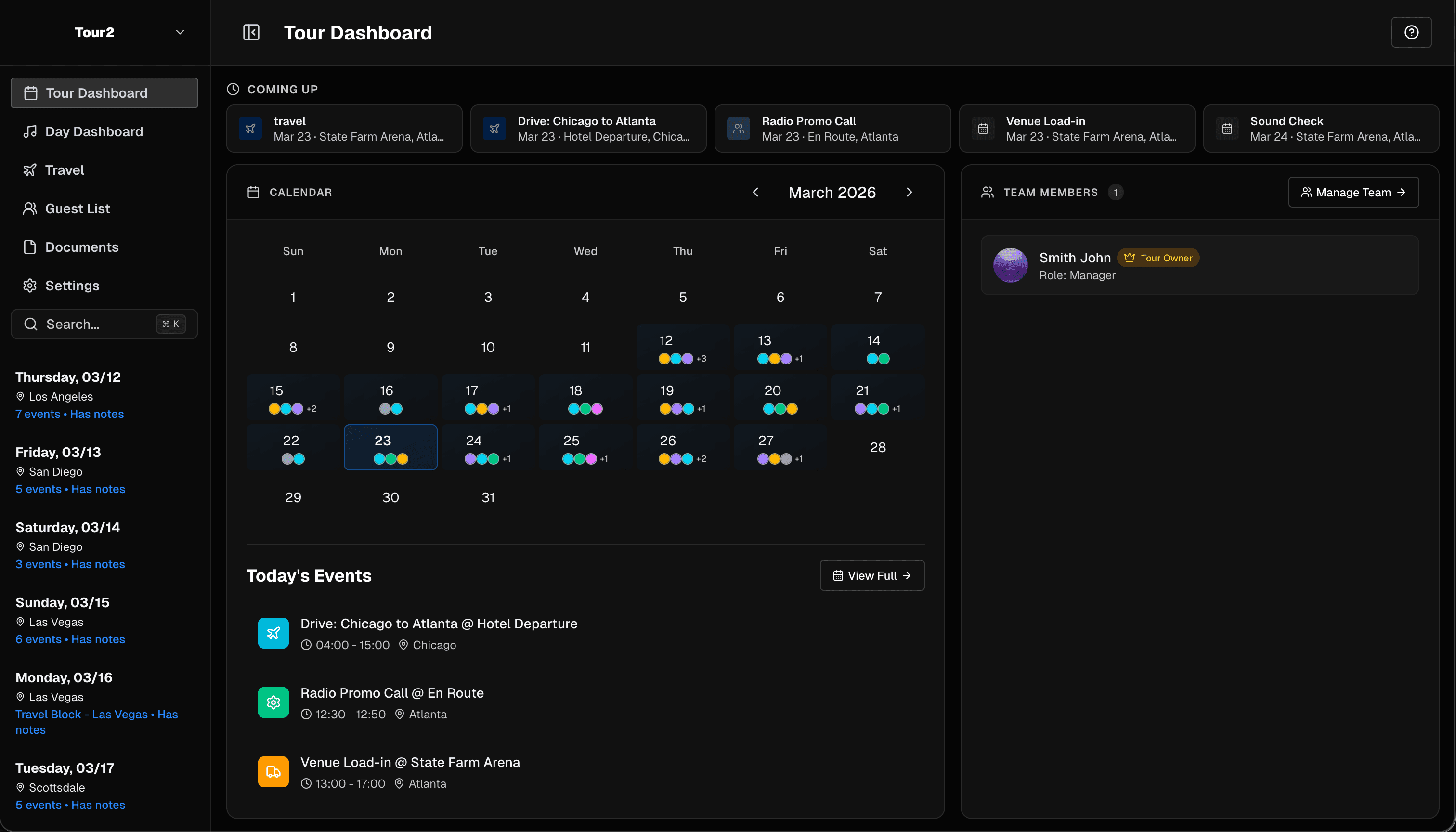 TourPro dashboard showing schedule and operations overview