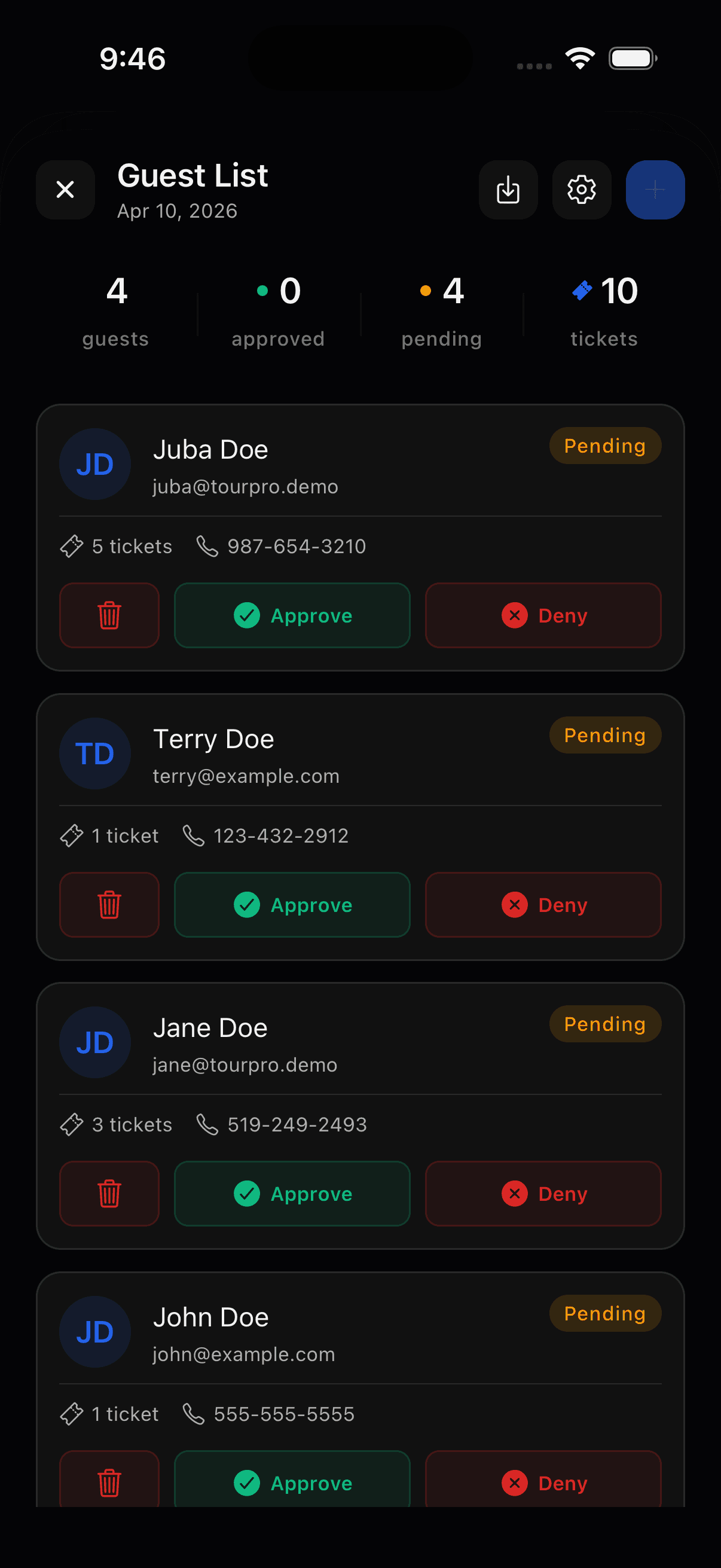 TourPro mobile guest list approvals