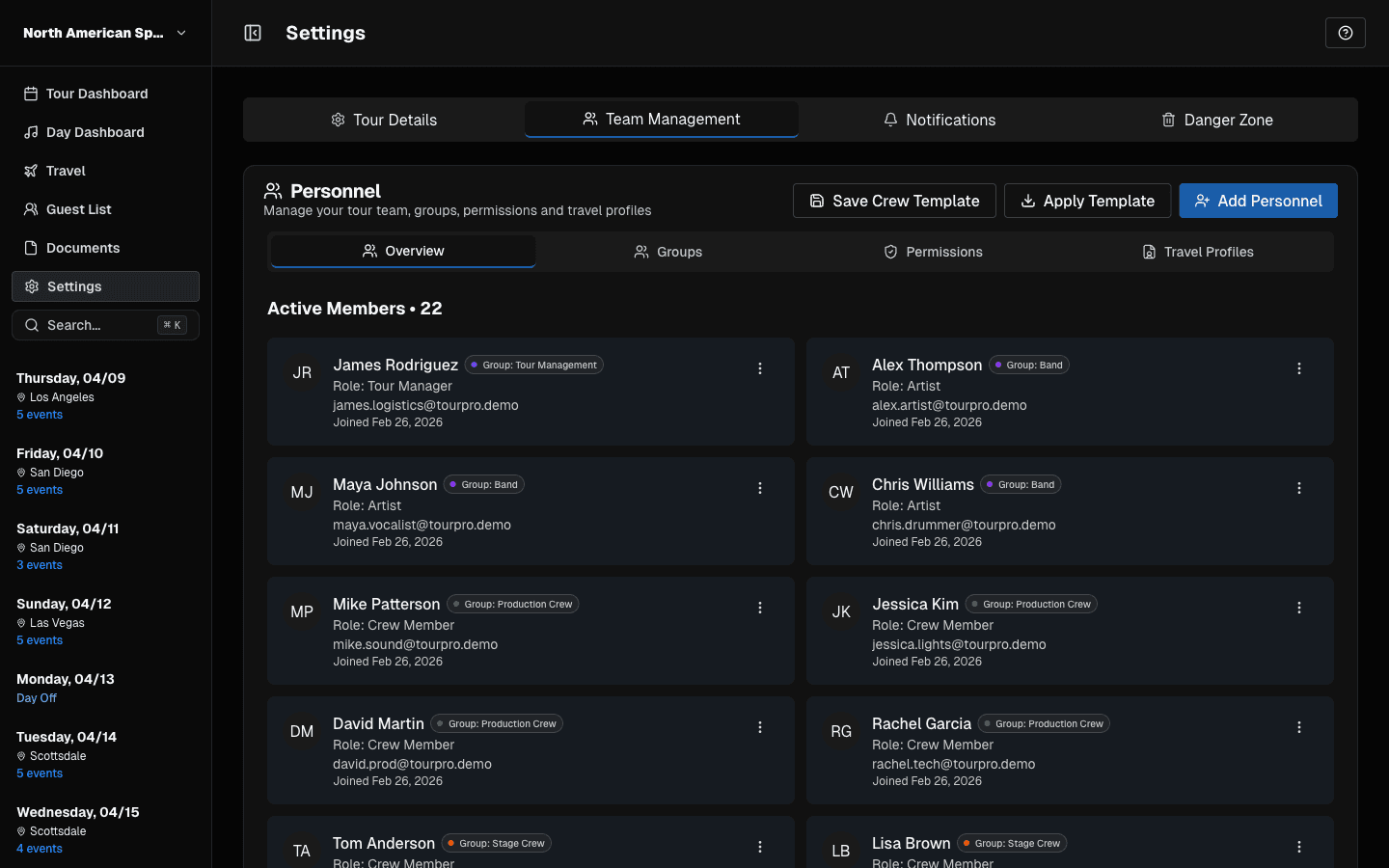 TourPro team management and access controls on desktop